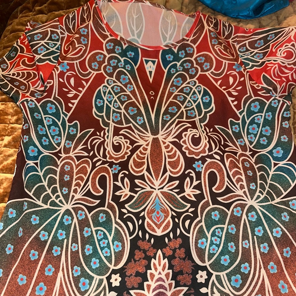 Source Unknown Floral Paisley Short Sleeve Top - Rust & Teal